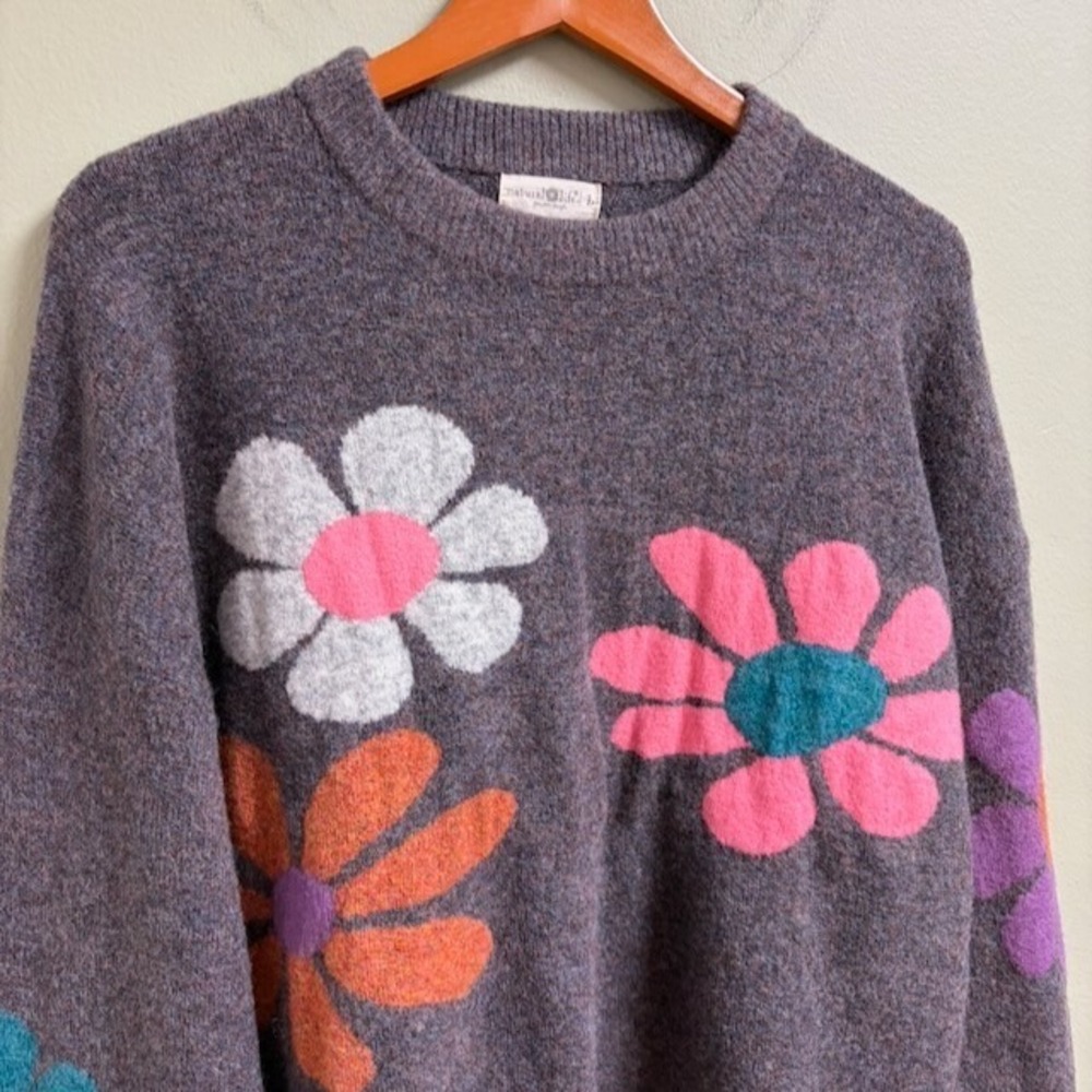 Natural Life Intarsia Icon Daisy Sweater L Charcoal Boho Retro Floral Knit - Picture 2 of 8